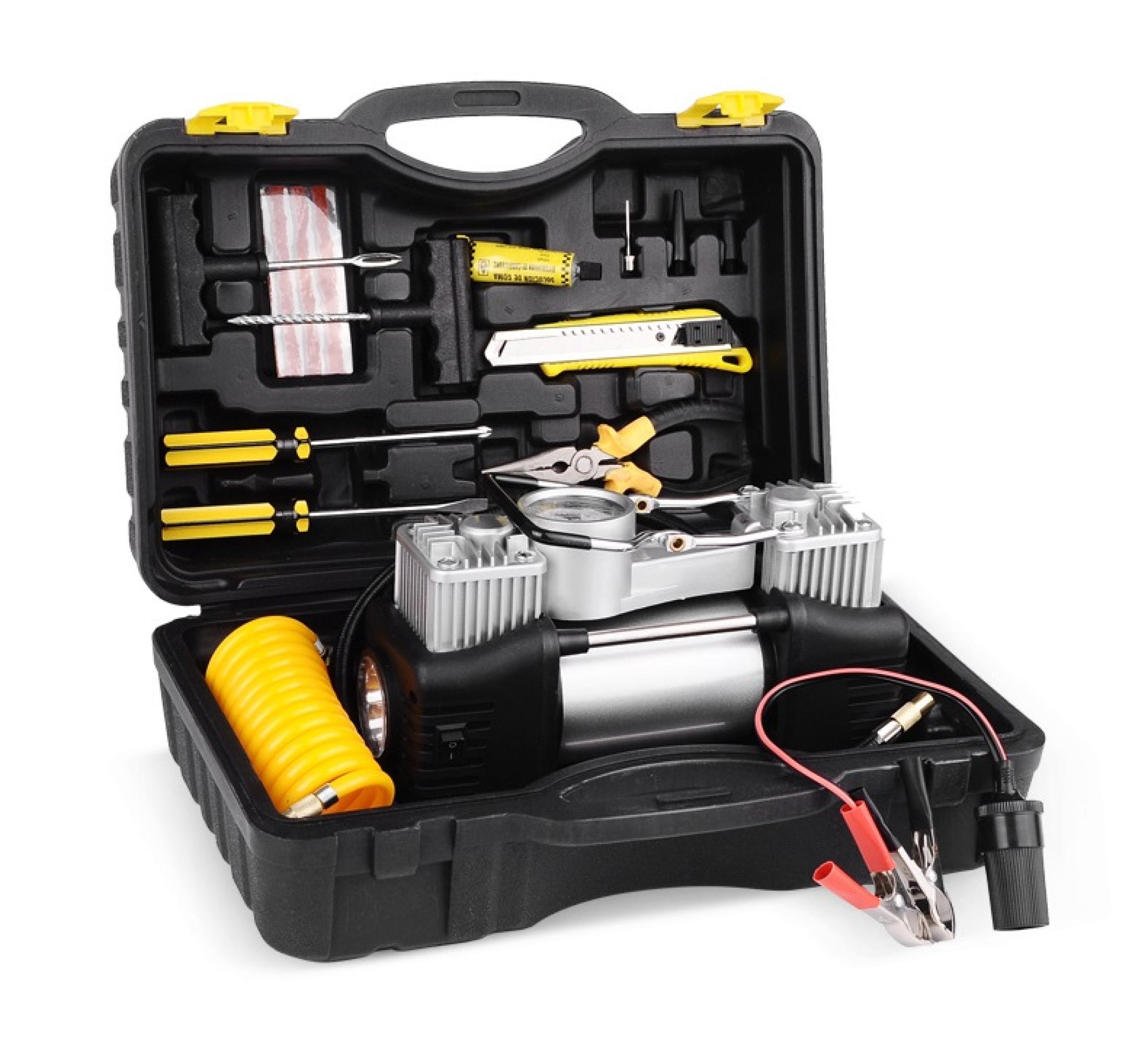 Máy Bơm Lốp Ô Tô 2 Piston Xylanh Mặt Đồng Hồ Cơ Có Đèn Kèm Hộp Dụng Cụ, Bơm 2 Xi Lanh Cao Cấp