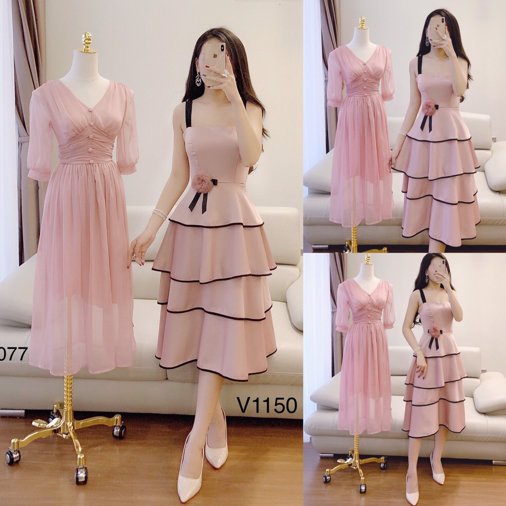 Váy đầm hồng 2 dây xếp ly tầng quyến rũ Mai khanh