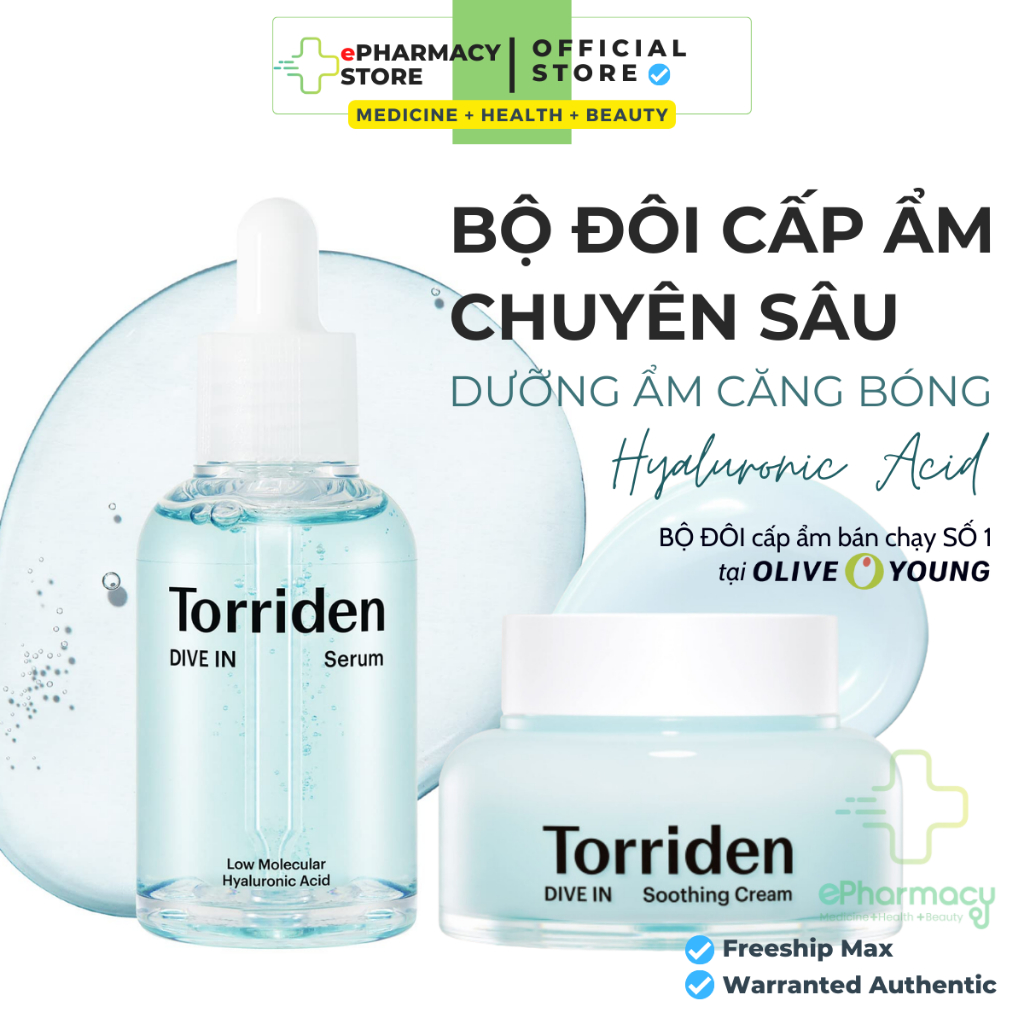 Combo torriden cấp ẩm serum axit hyaluronic phân tử thấp 50ml + kem dưỡng làm dịu da mặt axit hyaluronic phân tử thấp 100ml dive in torriden