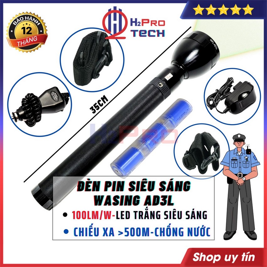 Đèn Pin Cầm Tay Siêu Sáng Wasing Ad3L Led Trắng Chiếu Xa Trên 500M, Chống Nước, Vỏ Hợp Kim Siêu Cứng, Pin Sạc-H2Pro Tech