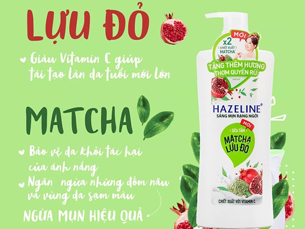 Sữa tắm sáng da Hazeline Matcha Lựu Đỏ chai 670g