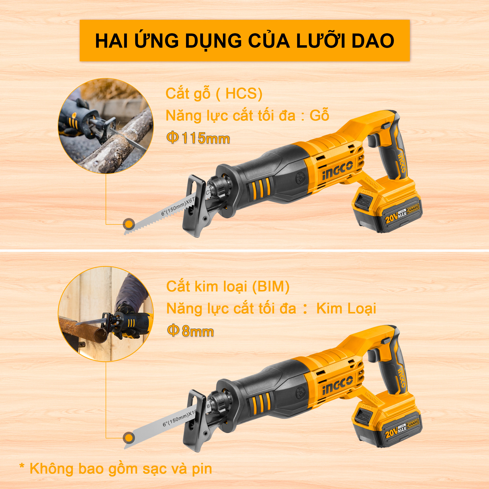 Máy cưa kiếm dùng pin 20V INGCO CRSLI1151 (chưa bao gồm pin và sạc đi kèm)