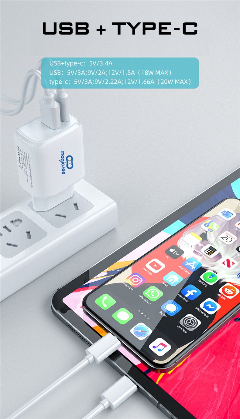 Củ sạc nhanh PD20W Magicsee E1 QC3.0 , tối đa 20W , 2 cổng USB và Type C