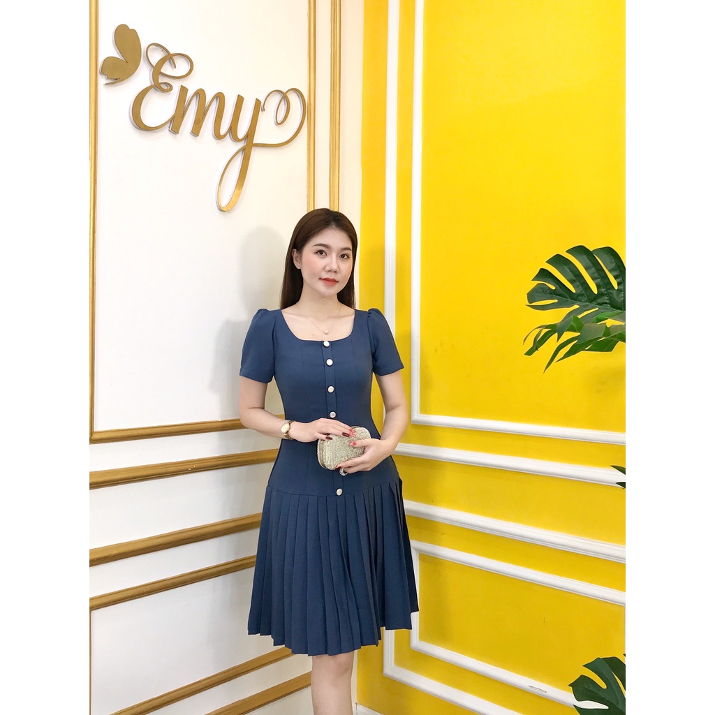 Đầm EMY EM6609 Xòe Xanh Navy Dập Ly