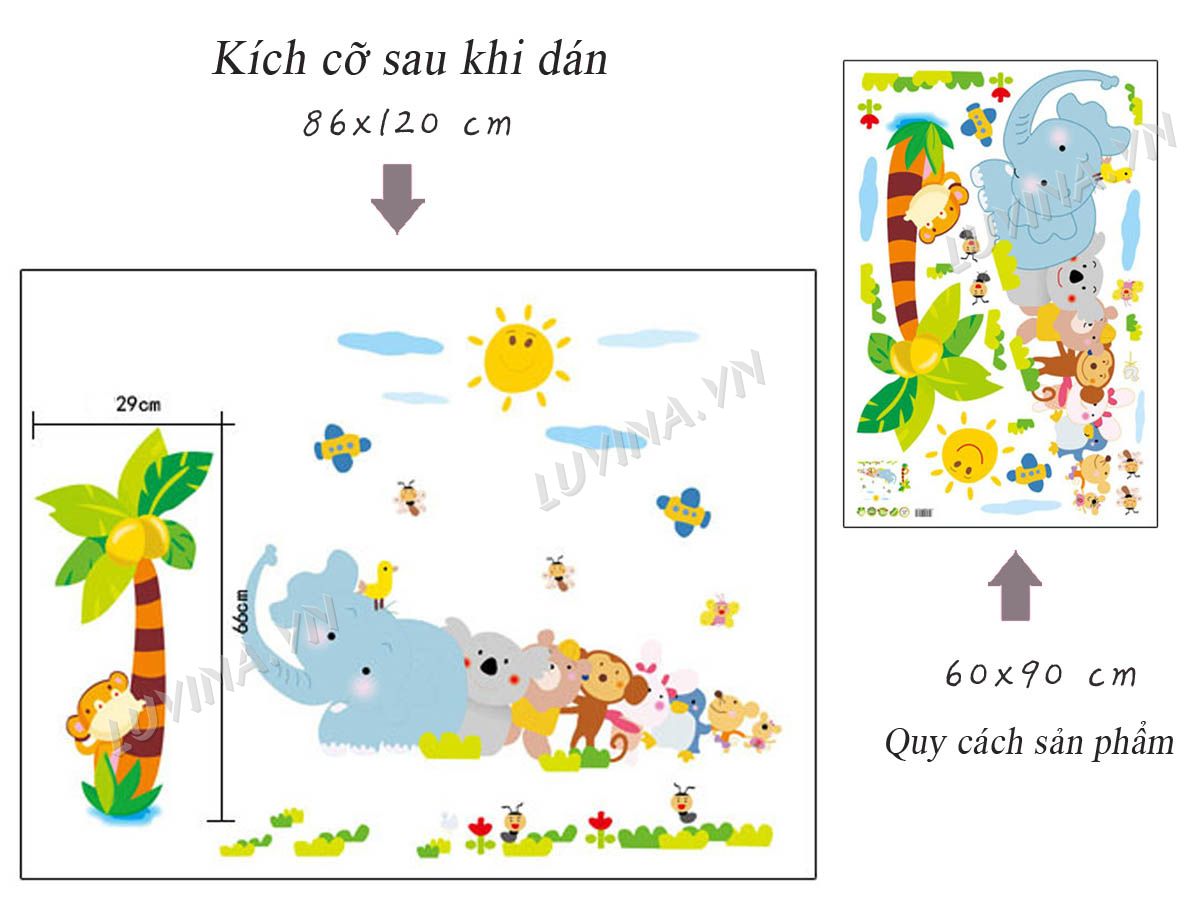 [HCM]DECAL DÁN TƯỜNG THÚ KÉO DỪA VÀ ĐOÀN TÀU
