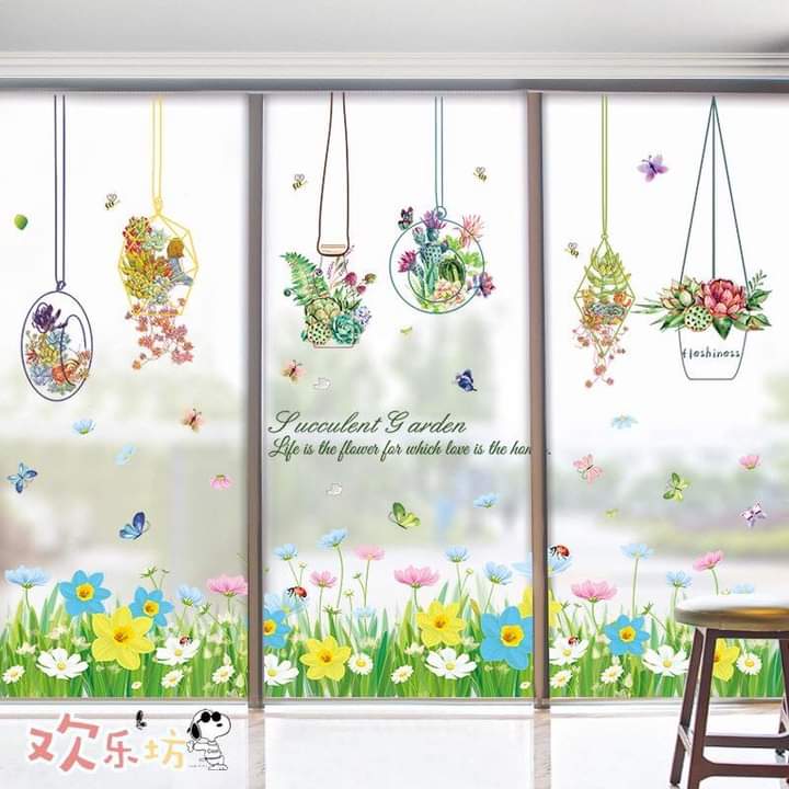 Decal dán tường giỏ hoa và chân tường hoa bướm