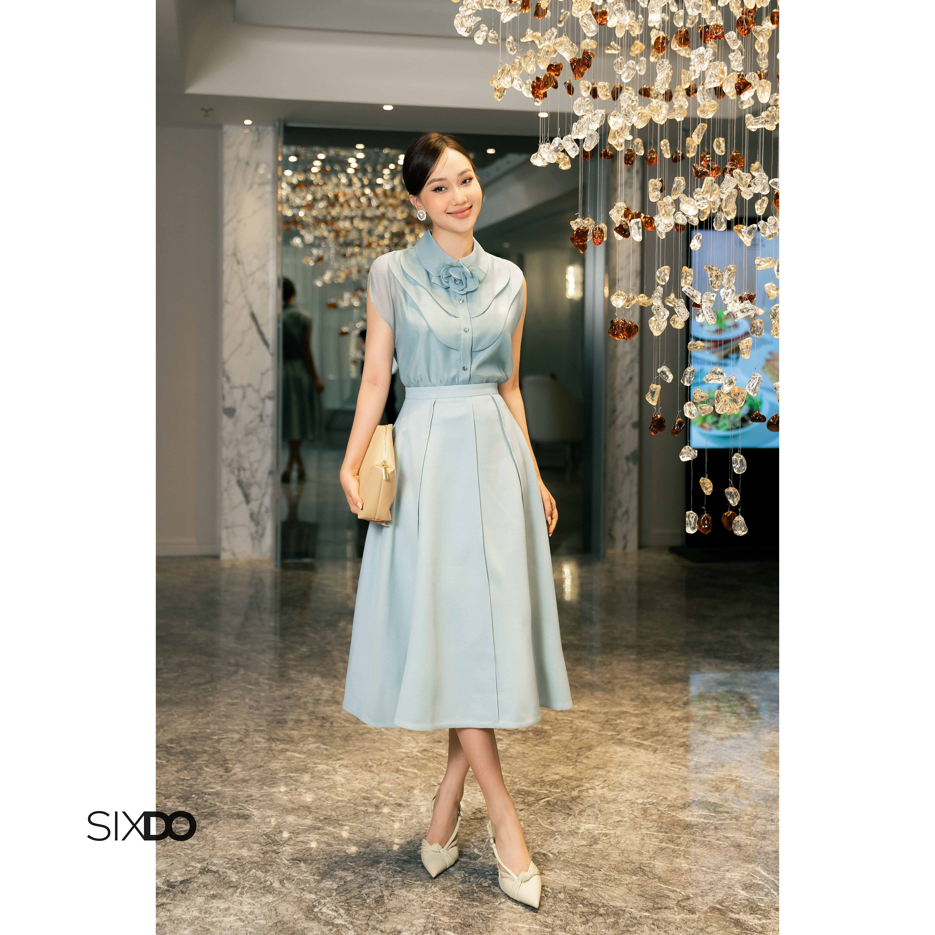 Chân váy xanh dáng xòe xếp li SIXDO