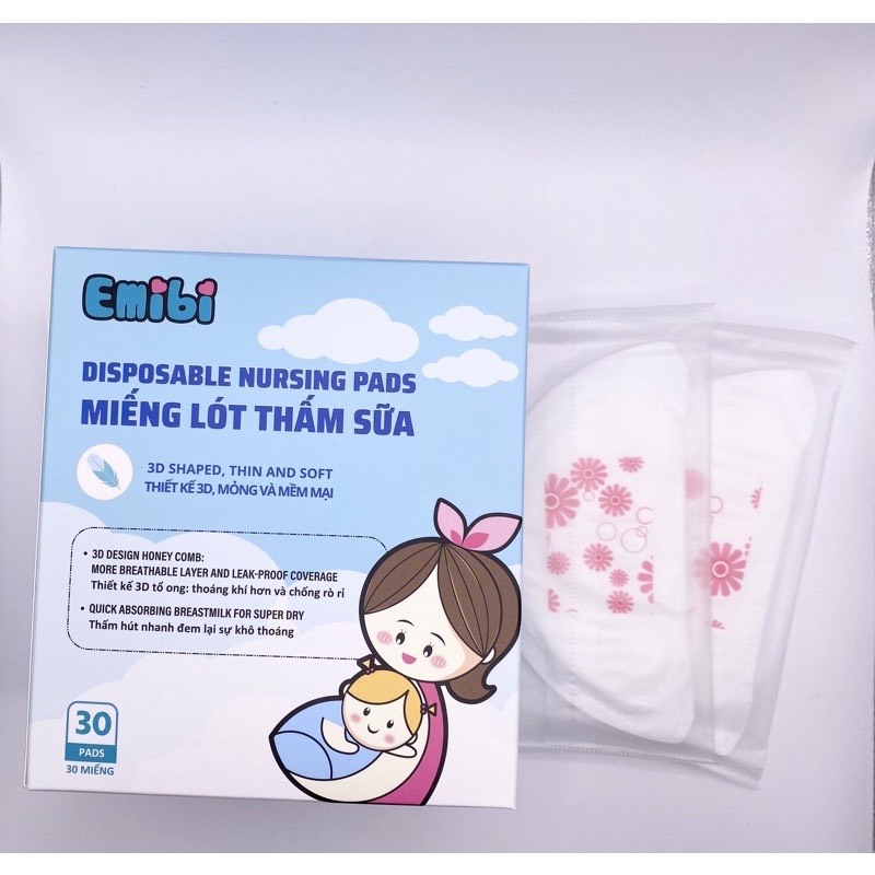 {Hàng mới} Miếng lót thấm sữa Emibi 30 miếng/hộp