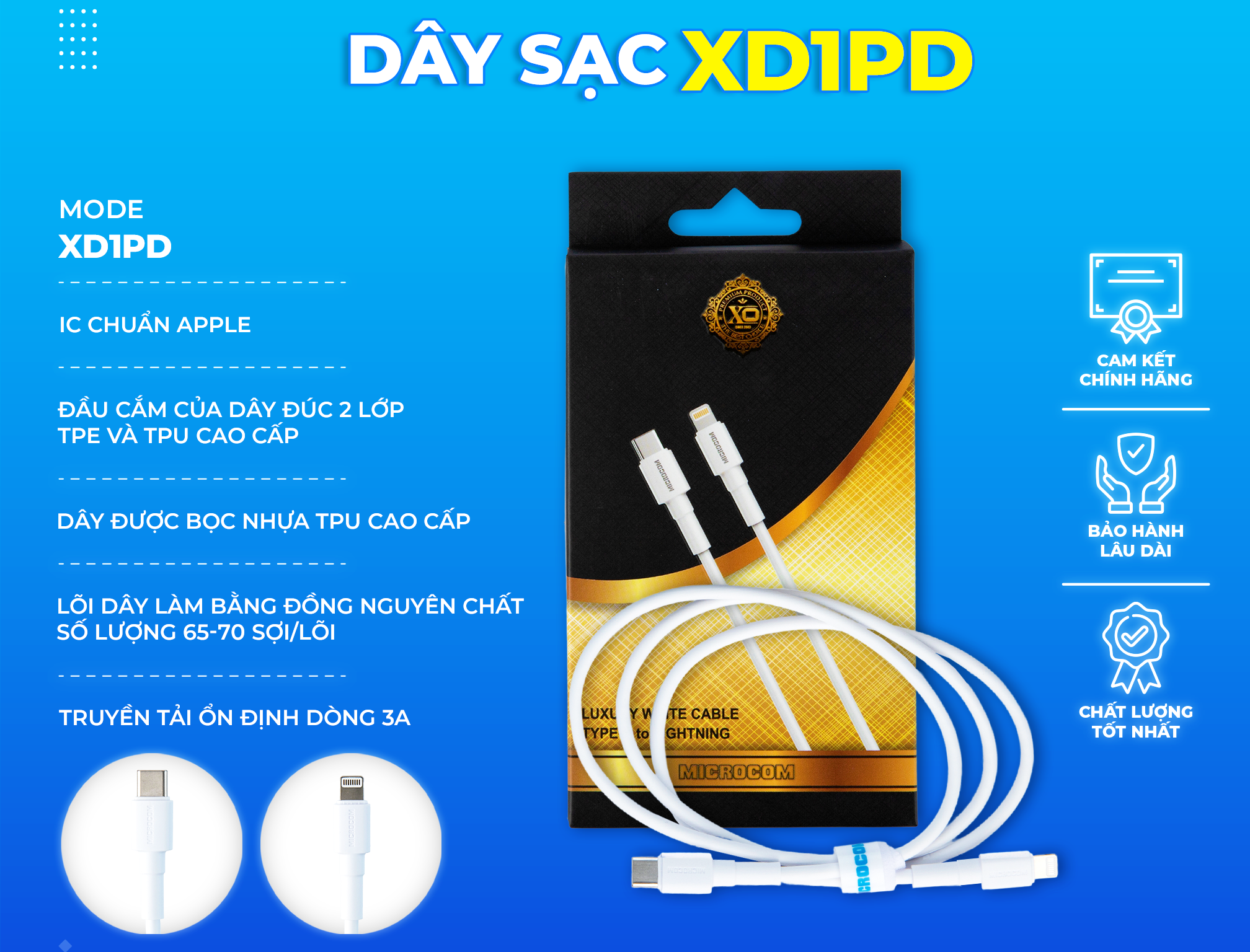 Dây cáp sạc nhanh 20w chính hãng Microcom, chiều dài 1m - 2m