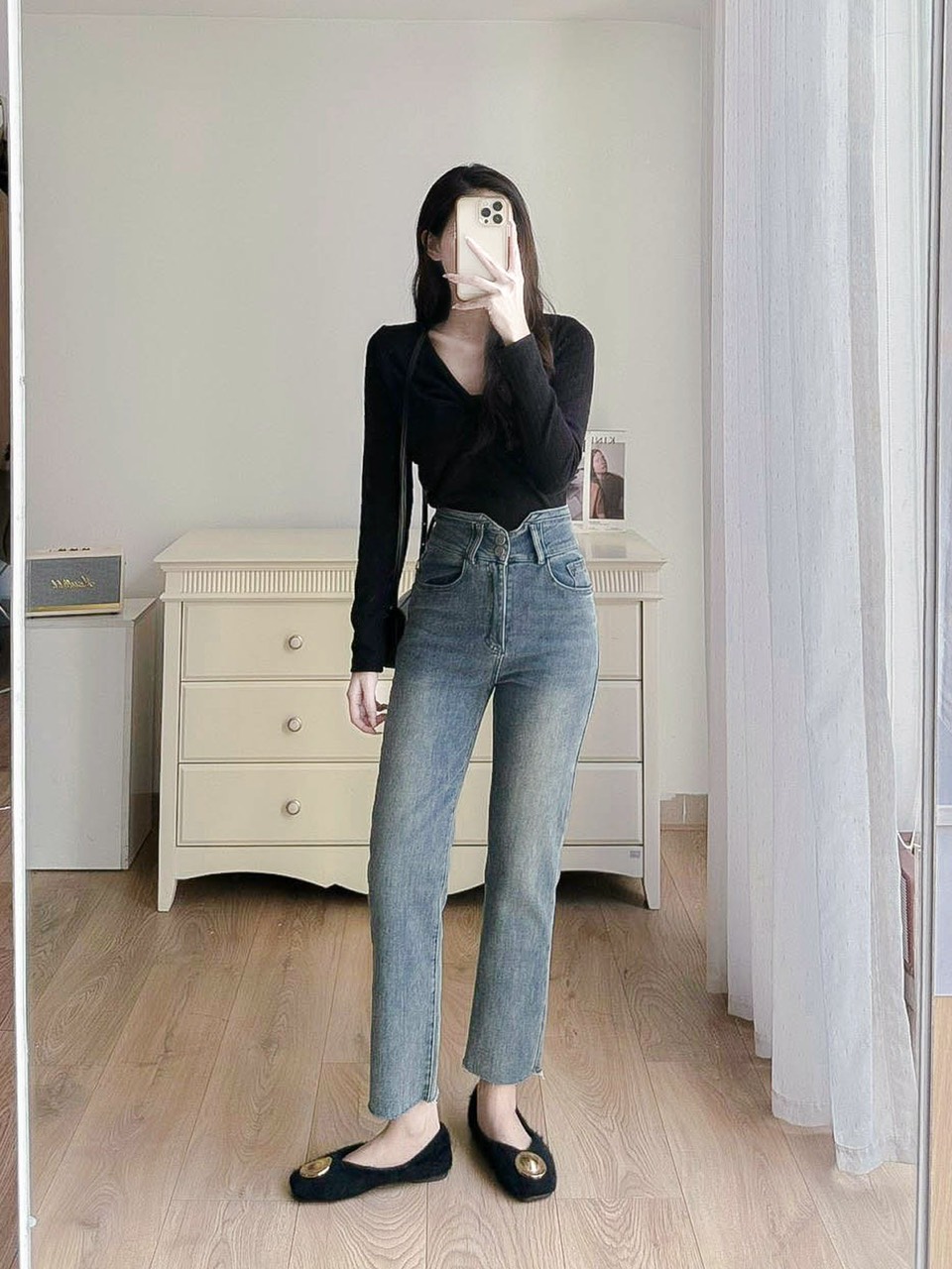 Quần jeans ống đứng myan chất denim co giãn thiết kế 2 cúc cạp cao myan design q102305