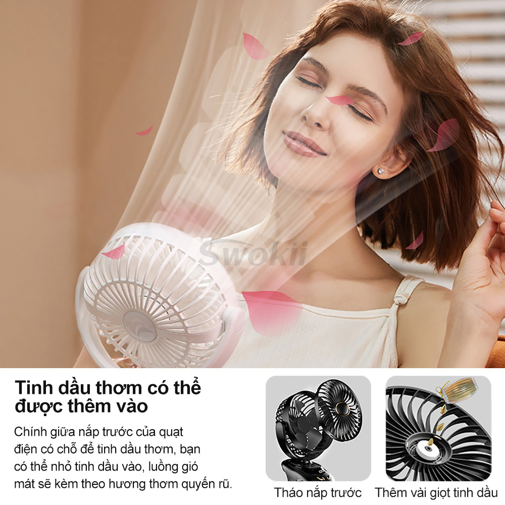 Swokii N33 quạt tích điện, quạt tích điện mini 12 tiếng, quạt mini siêu mạnh với màn hình kỹ thuật số, 5 tốc độ gió có thể điều chỉnh, Dành cho Văn phòng/Ký túc xá/Phòng ngủ/Xe đẩy