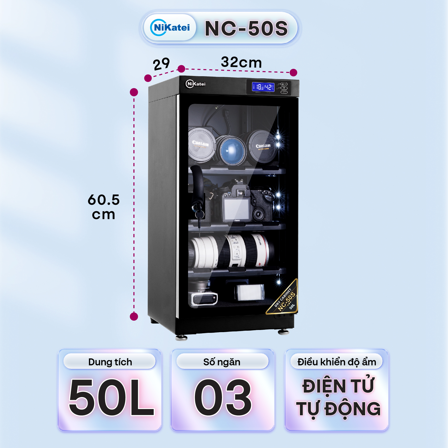 Tủ chống ẩm máy ảnh 50 Lít nhập khẩu NIKATEI NC-50S, tủ hút ẩm máy ảnh 50L 3 ngăn, cài đặt được % độ ẩm, đèn Led- Chính hãng bảo hành 5 năm
