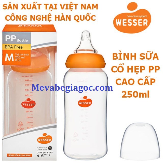 (FREESHIP ĐẾN 50k) (MẪU MỚI) Bình Sữa Cổ Hẹp PP Kháng Khuẩn 250ML - WESSER (Made in Vietnam) (Công nghệ Hàn Quốc) NAM2