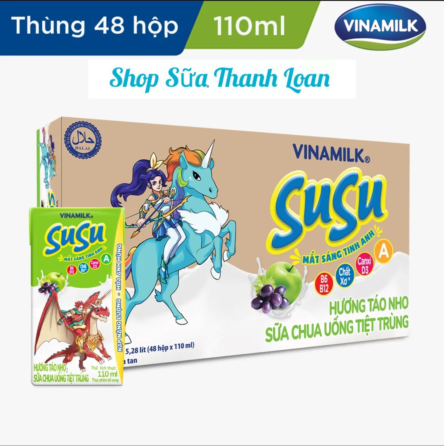 (HSD T2-2025) Thùng 48 Hộp Sữa Chua Uống Susu IQ Hương Táo Nho 110ml.