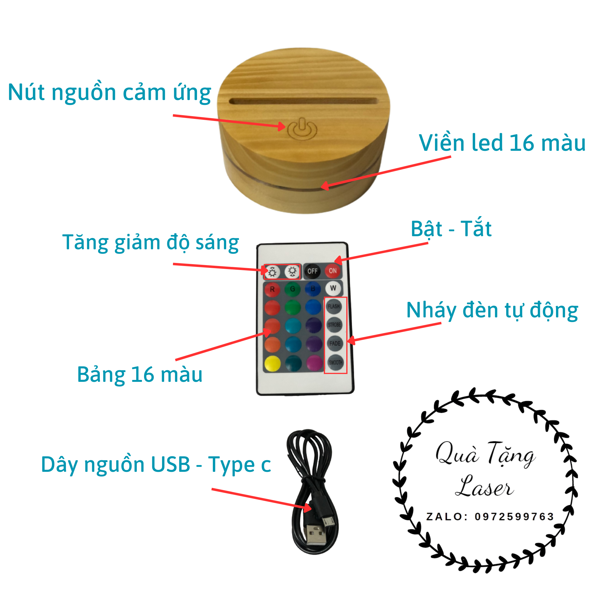 Đế gỗ đèn led 3d 16 màu có remote điều khiển