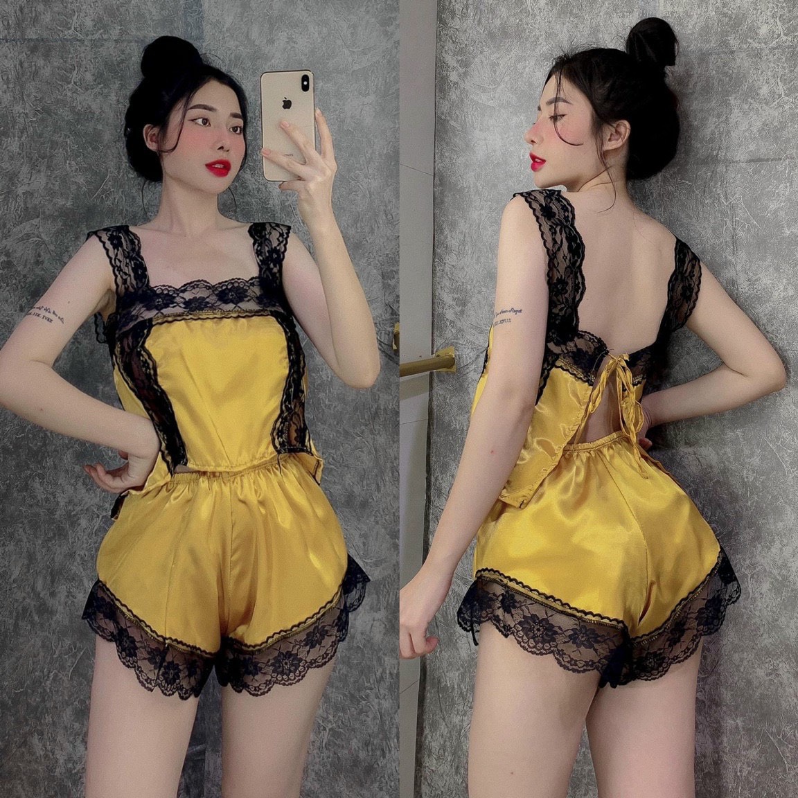 ĐỒ NGỦ SEXY,Đồ ngủ siêu sexy phối ren đen cột dây hở lưng vải phi bóng freesize dưới 57kg