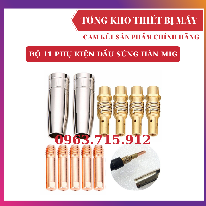 Bộ 11 phụ kiện đầu sung hàn máy hàn MIG gồm béc hàn/chụp hàn khớp nối