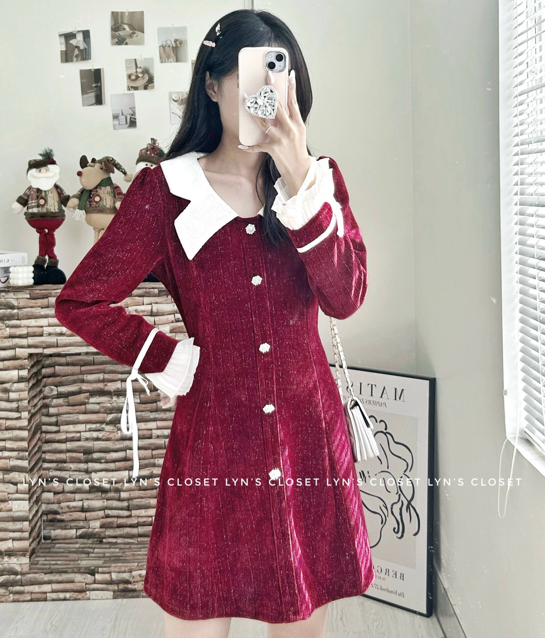 Đầm ticke nhung phối cổ trắng freesize - Lyn's Closet