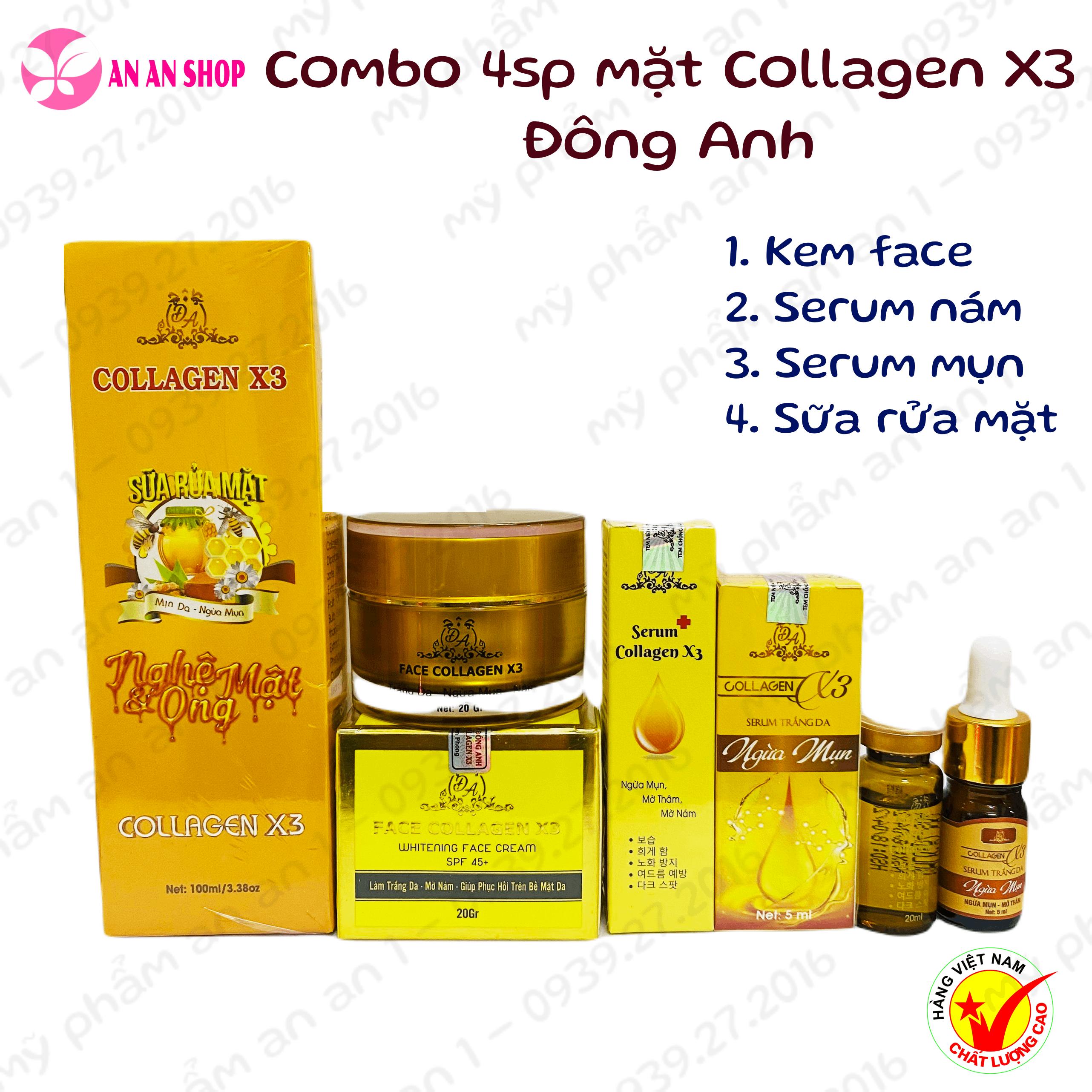 Combo Kem Face Collagen X3 Đông Anh + Serum Mụn + Serum nám + Sửa rửa mặt, Mẫu mới 2024 chính hãng