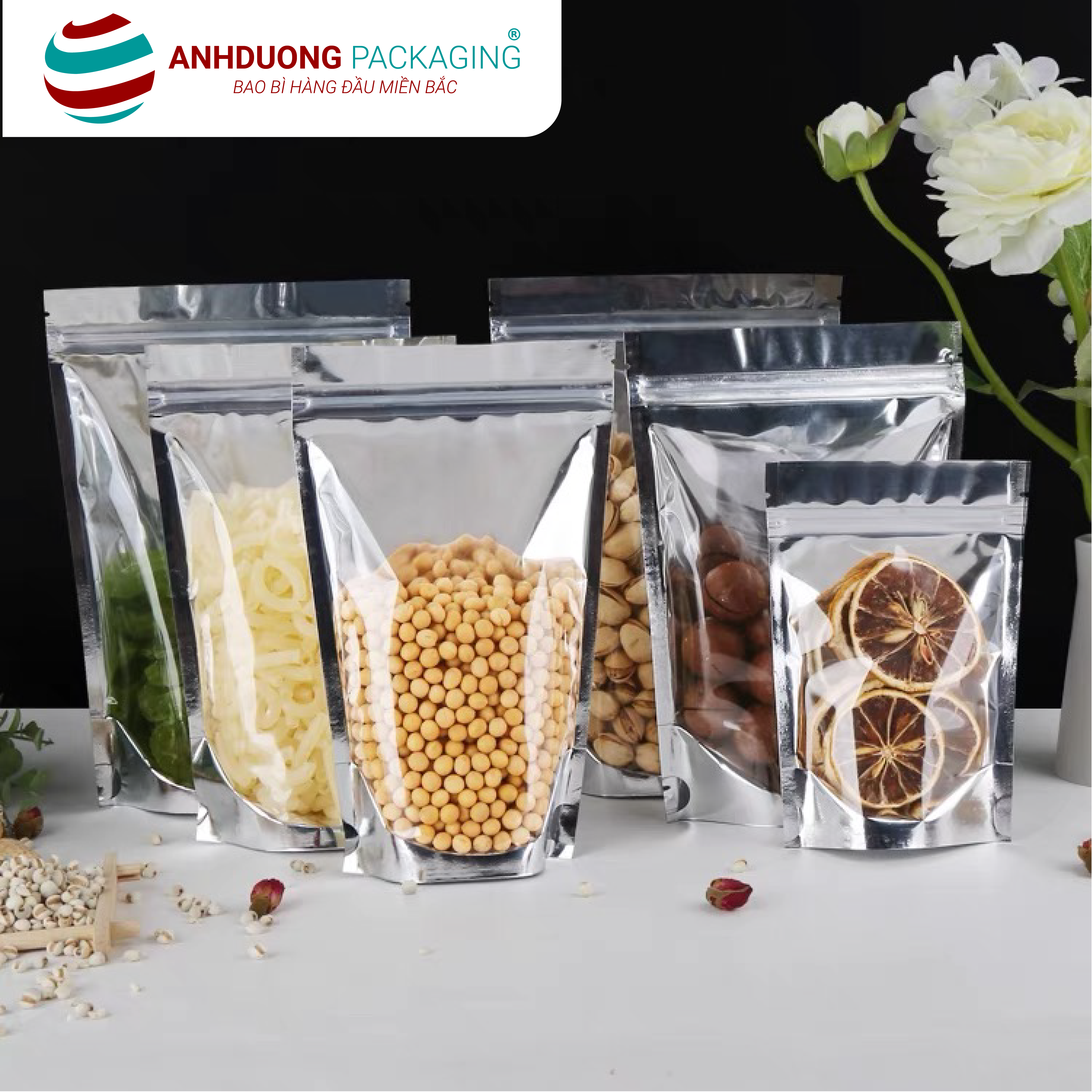 100 chiếc túi zip đáy đứng một mặt bạc đựng thực phẩm