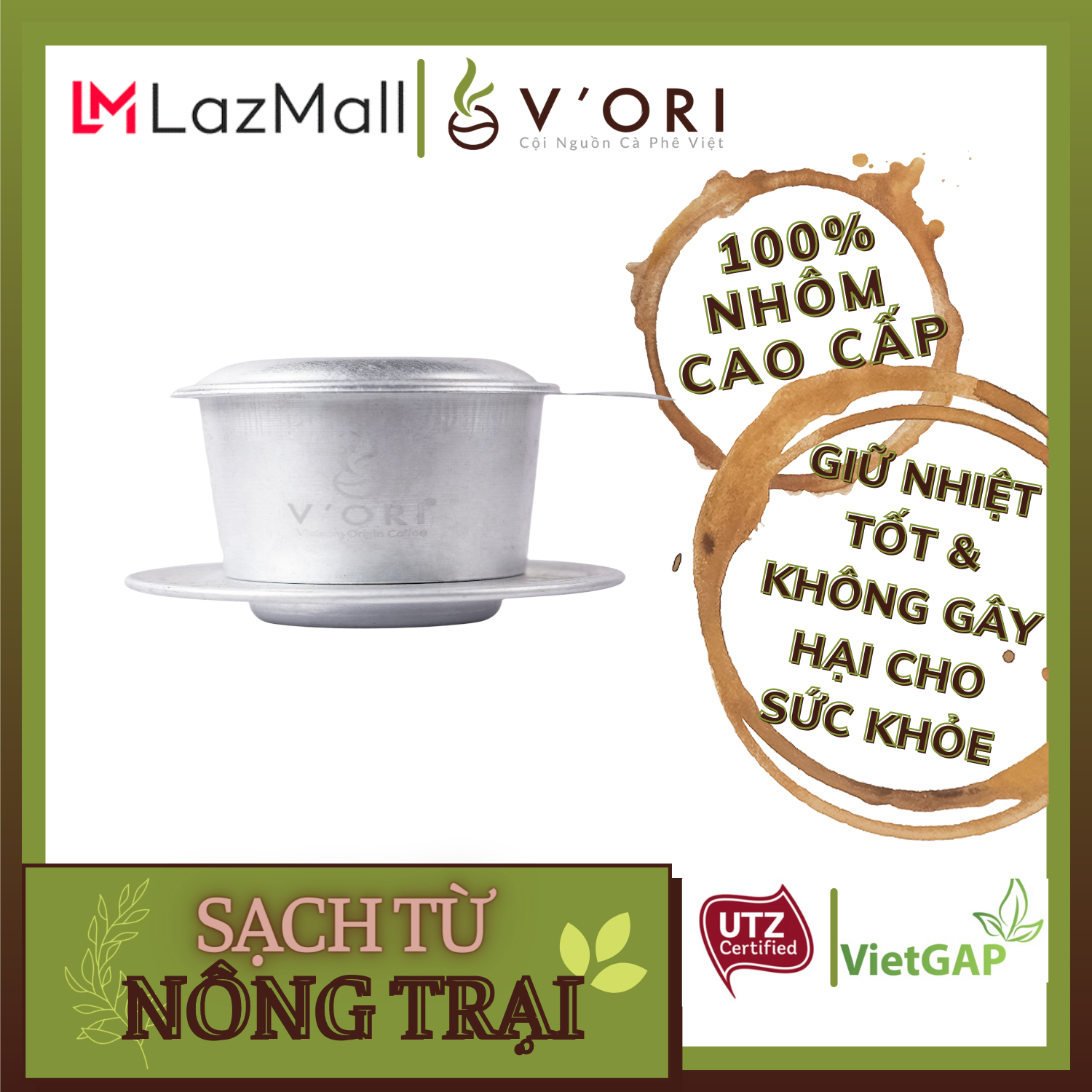 Phin Pha Cà Phê V'Ori Cao Cấp màu bạc giữ nhiệt tốt