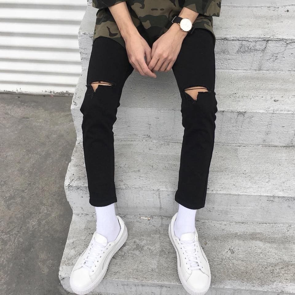 Quần jean nam đen trơn form chất cực đẹp - body (rách gối)