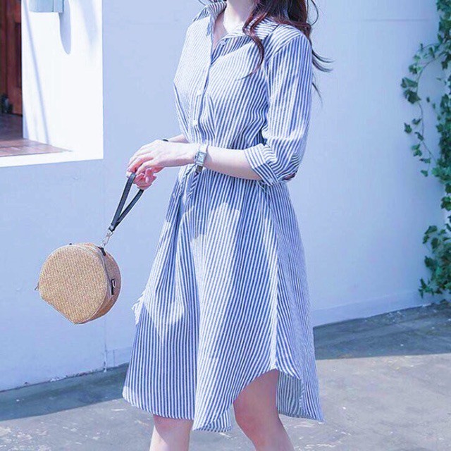 Đầm sơ mi sọc tà tròn