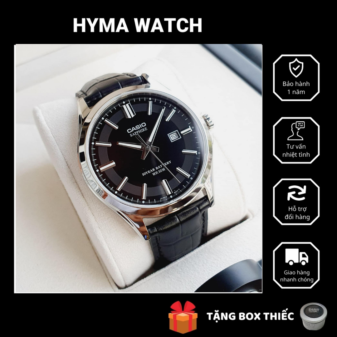 Đồng hồ nam casio mts 100l-1a dây da kính sapphire - pin 10 năm bảo hành 1 năm hyma watch