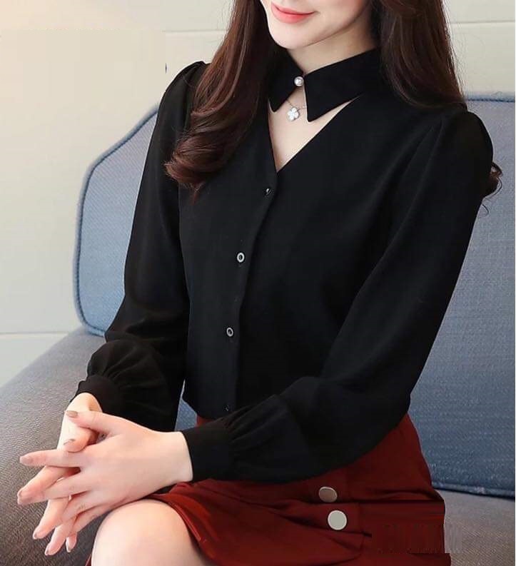 Áo sơ mi nữ công sở tay dài cổ kiểu nút ngọc