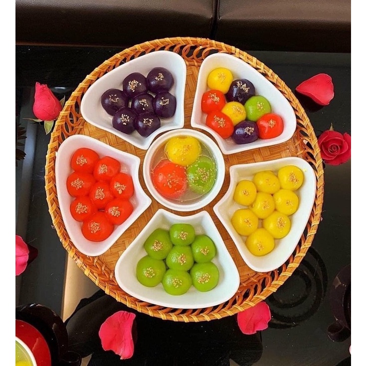 Bộ đĩa 5 cánh hoa đào sứ bát tràng kèm khay