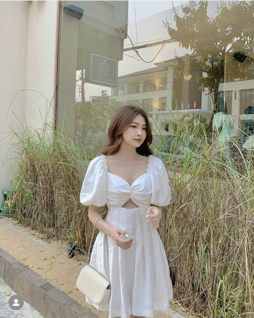 Đầm tay bo phối kiểu xoắn ngực voan lụa. đầm trắng kate lụa xoắn ngực tay bồng cổ vuông. đầm tiểu thư đầm dự tiệc mtb