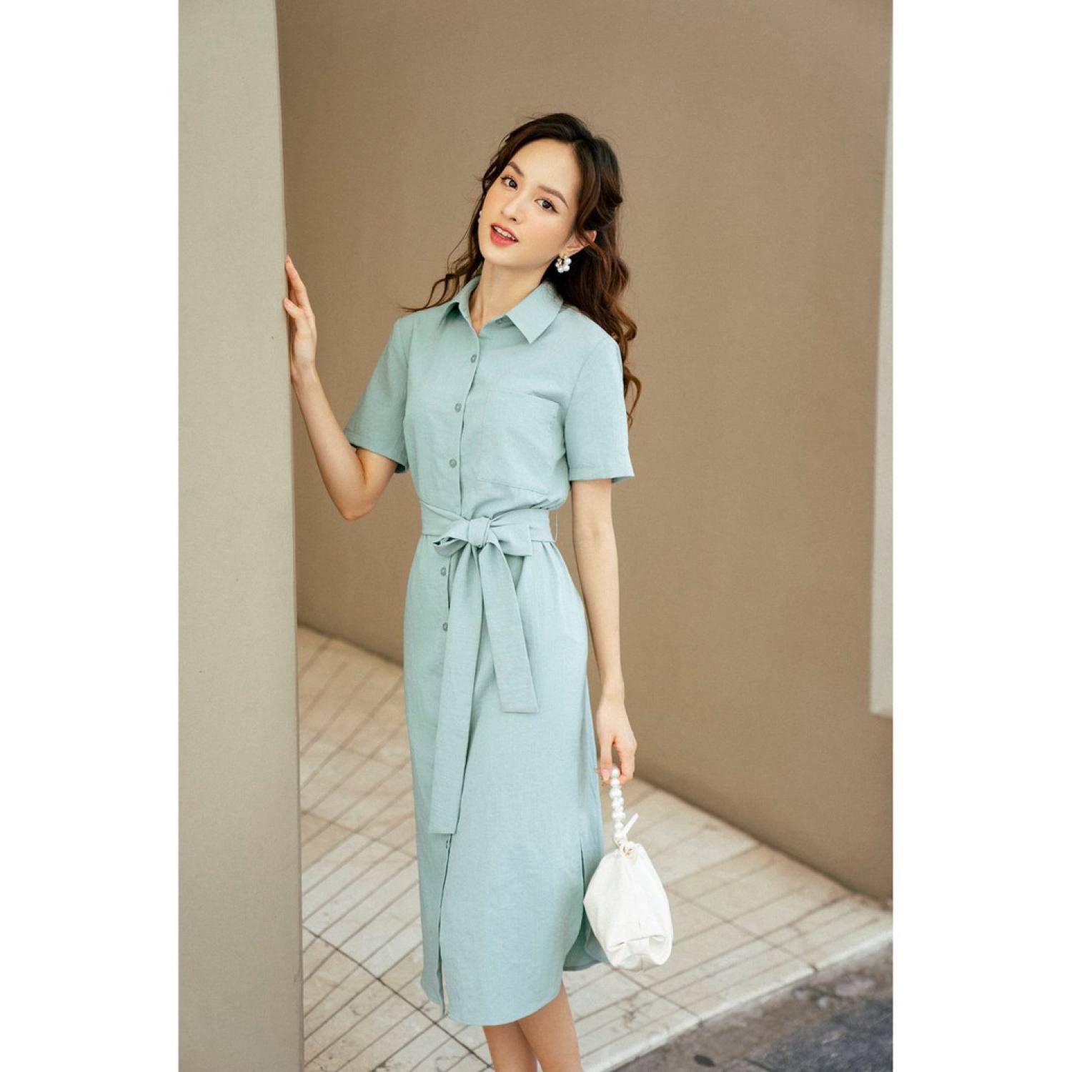 Váy suông đai eo TIIN STORE chất đũi xanh mint VHN469