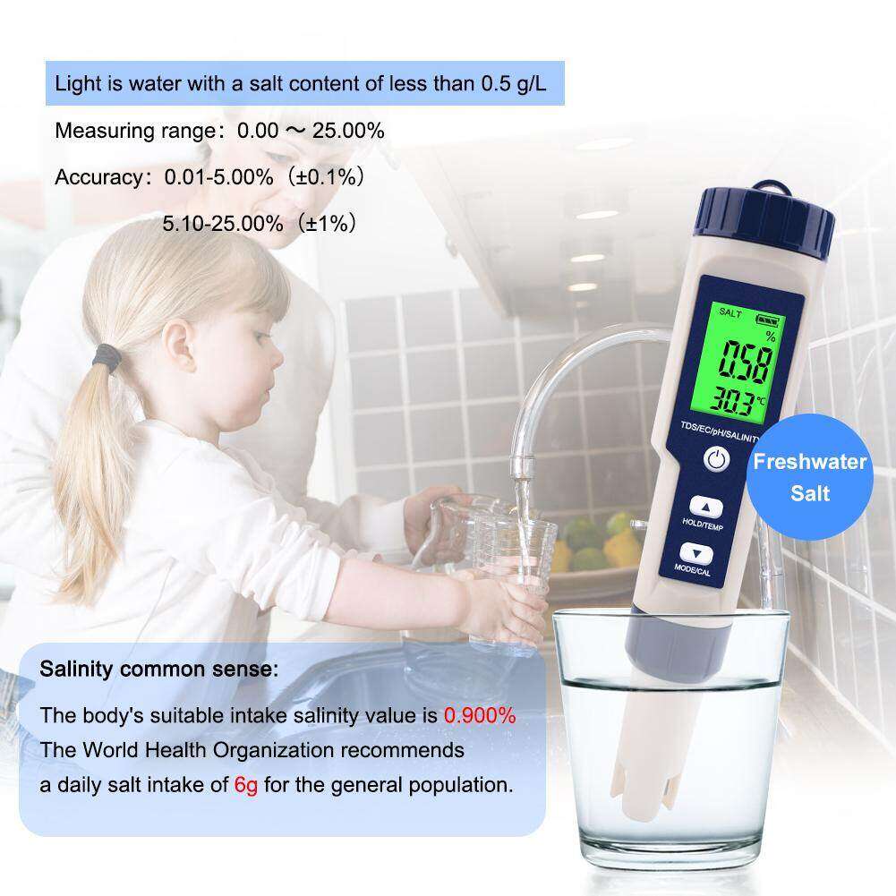 【Bút Kiểm Tra Chất Lượng Nước 5 Trong 1】Máy Đo Độ Mặn Và Độ PH 5 Trong 1, Đèn Nền Đo Độ PH/TDS/EC/Độ MặN/Nhiệt Độ