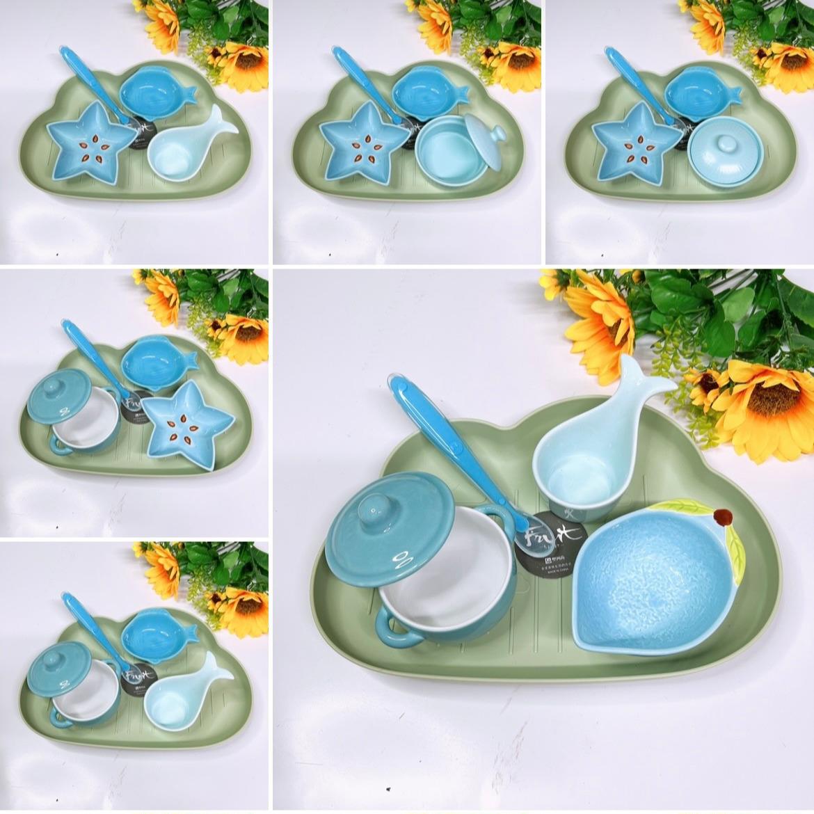 [Hoàn tiền 6%] Combo Sứ Hồng, Cam, Vàng (Gồm khay mây, thìa, bát sứ) S62