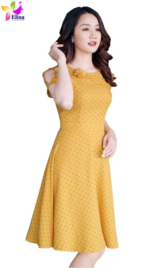 Đầm váy  –  Đầm xoè chấm bi hoa mí cổ DVCC86 cao cấp
