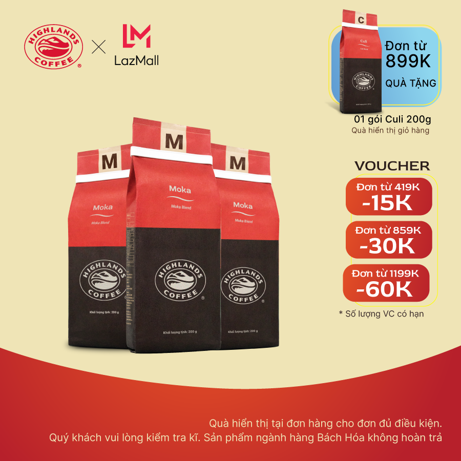 [Free 01 Highlands Stainless Steel Filter] Combo of 3 Moka Highlands Coffee Roasted and Ground Coffee 200g (Gift Included, Shown in the Cart, Please Check Carefully)