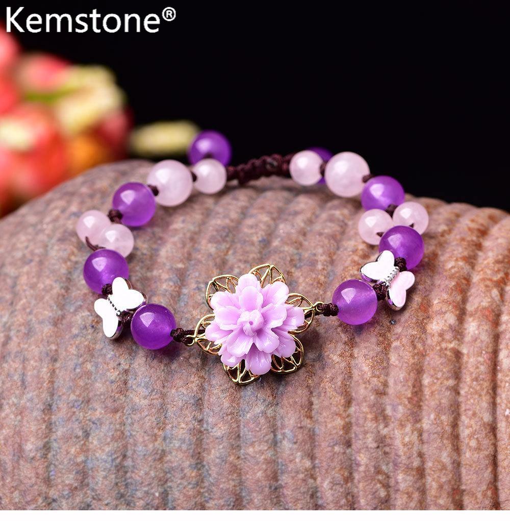 Kemstone Natural Style Copper Jade Flowers Beads Charm Bracelet Jewelry Women Gift