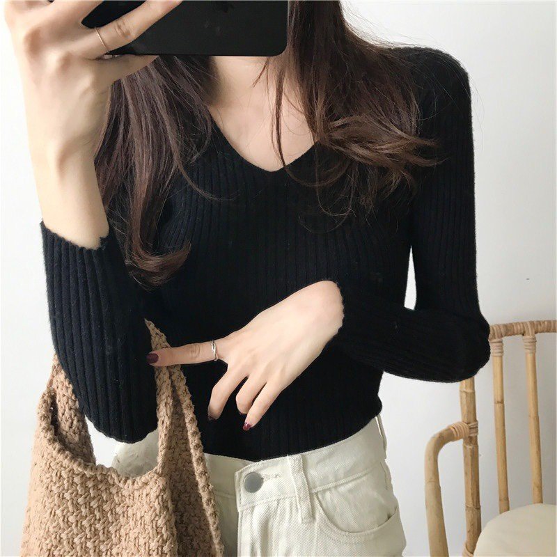 Áo len cổ tim hàng QC dáng ôm