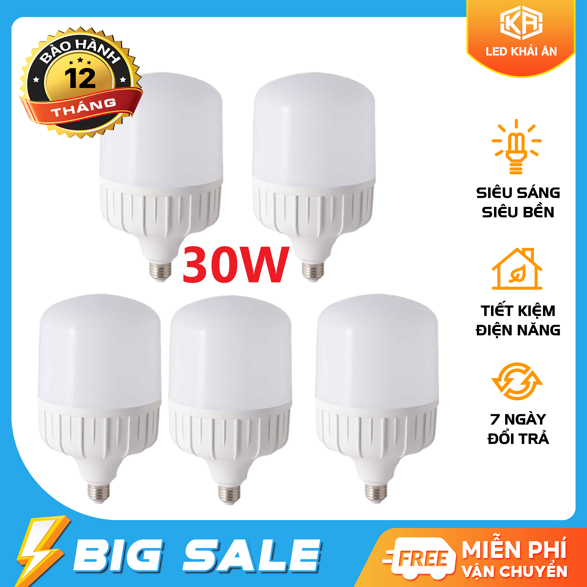 Bộ 5 bóng đèn Led 30W cao cấp tiết kiệm điện. Màu sáng: Warm trắng (3000-3200K), Pure White (6000K-6500). Bảo hành: 12 Tháng