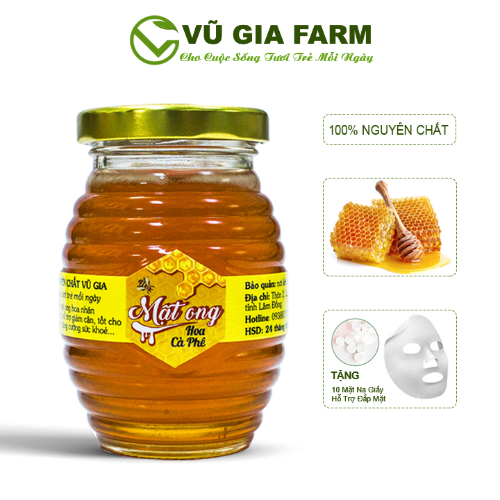 Mật Ong Hoa Cà Phê Nguyên Chất Vũ Gia (100ml/hũ) + Tặng 10 Mặt Nạ Giấy - Hỗ trợ đắp mặt nạ dưỡng da, tẩy tế bào chết, xóa mờ thâm nám tàn nhang - Đã được kiểm nghiệm y tế
