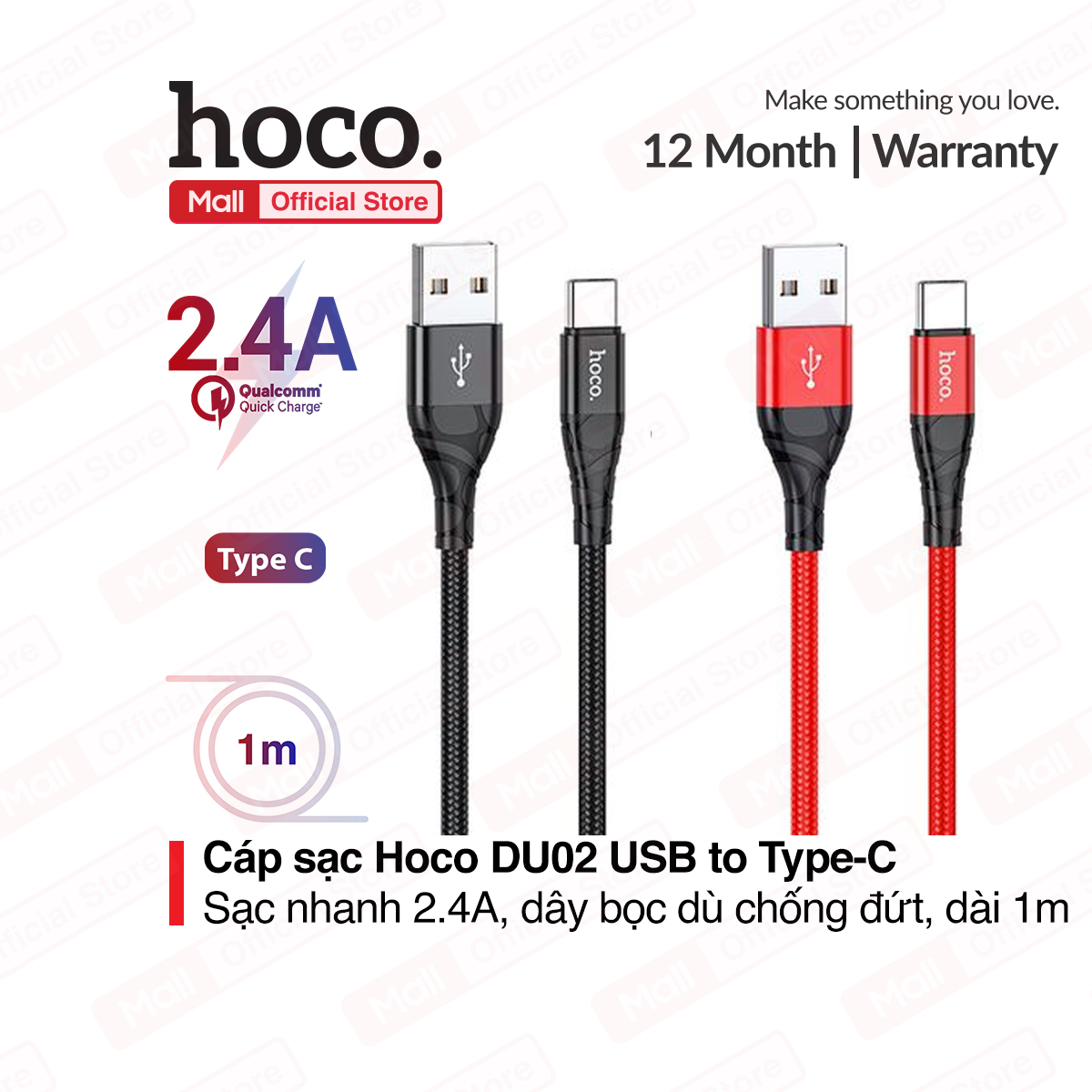 Cáp sạc nhanh Hoco DU02, TypeC/lightning/Micro dây dù, chống đứt, gập