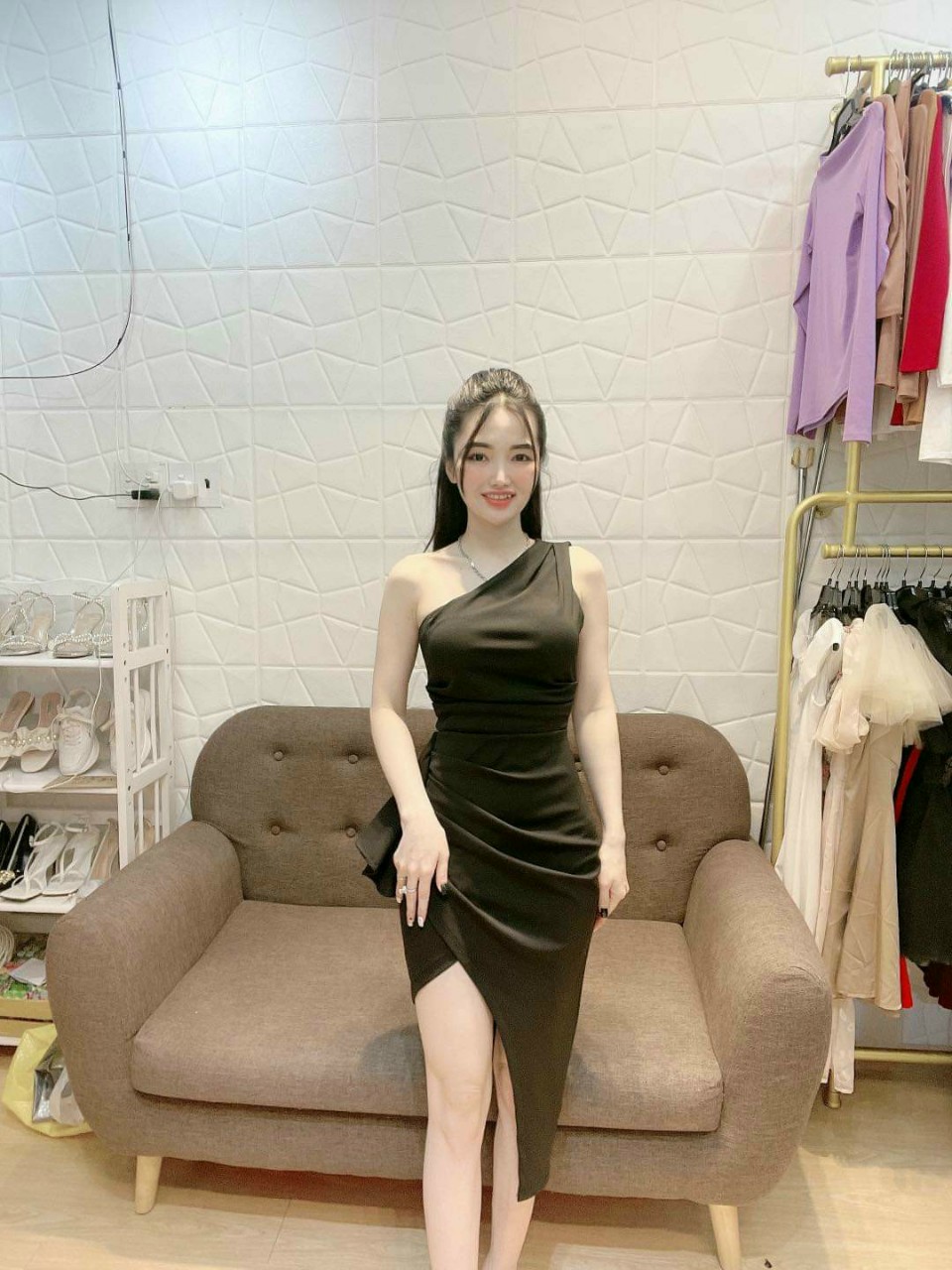 Đầm body vai 1 bên-qh#damnu