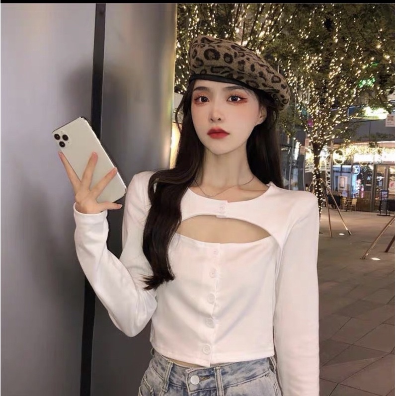 Áo kiểu thun croptop tay dài xẻ ngực phối cúc