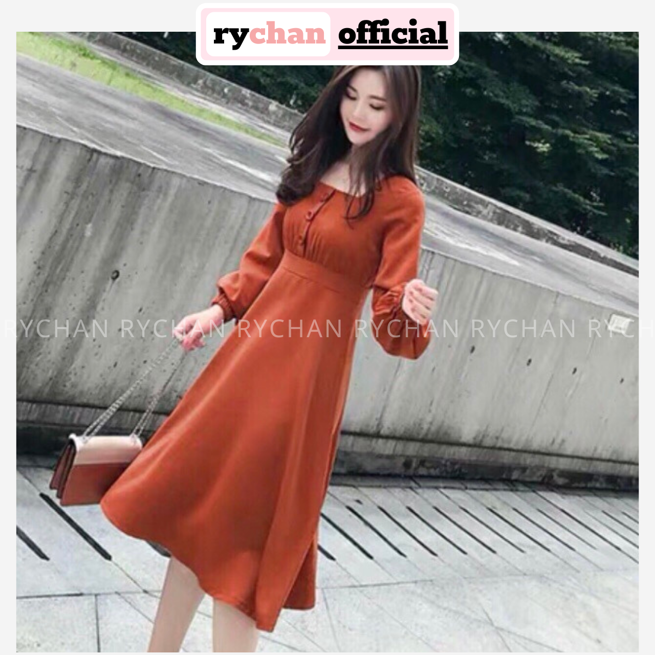 [HCM]DM637 - Orange Maxi Dress Square Neck with Puffy Sleeves