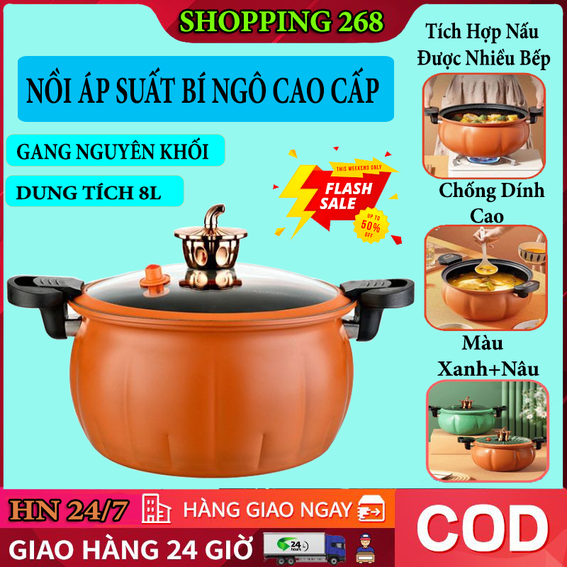Nồi áp suất chống dính bí Ngô 8L, Nồi áp suất nấu bếp ga bếp từ, các loại bếp, nồi áp xuất mini - Nồi hầm 4in1 đa năng, hầm gà, cháo - Nồi chiên, xào nấu đa năng, nồi áp xuất nấu ga, bếp từ, nồi áp xuất bí ngô