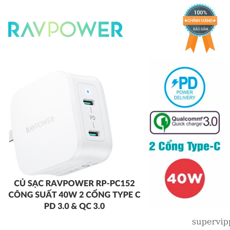 (Giao Hỏa Tốc) Củ sạc nhanh 2 cổng Ravpower 40W, cổng USB-C 20W RP-PC152(Bảo hành 12 tháng-Cam kết chính hãng).