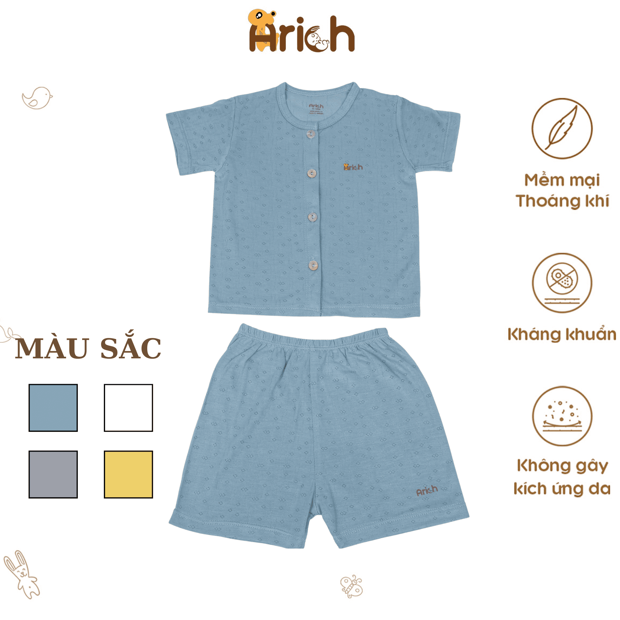 Bộ quần áo cộc tay cài thẳng Arich vải sợi tre thoáng khí