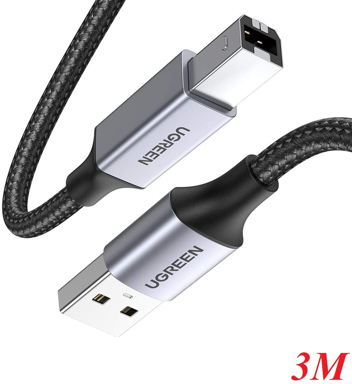 Ugreen 80804 3M đầu nhôm dây bọc lưới chống nhiễu cáp máy in màu Đen 2.0 USB A sang B US369