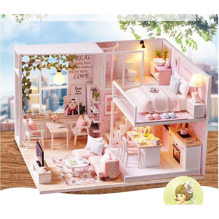 Nhà Búp Bê DIY - Pink House L022 ( Tặng Kèm Mica + Keo )