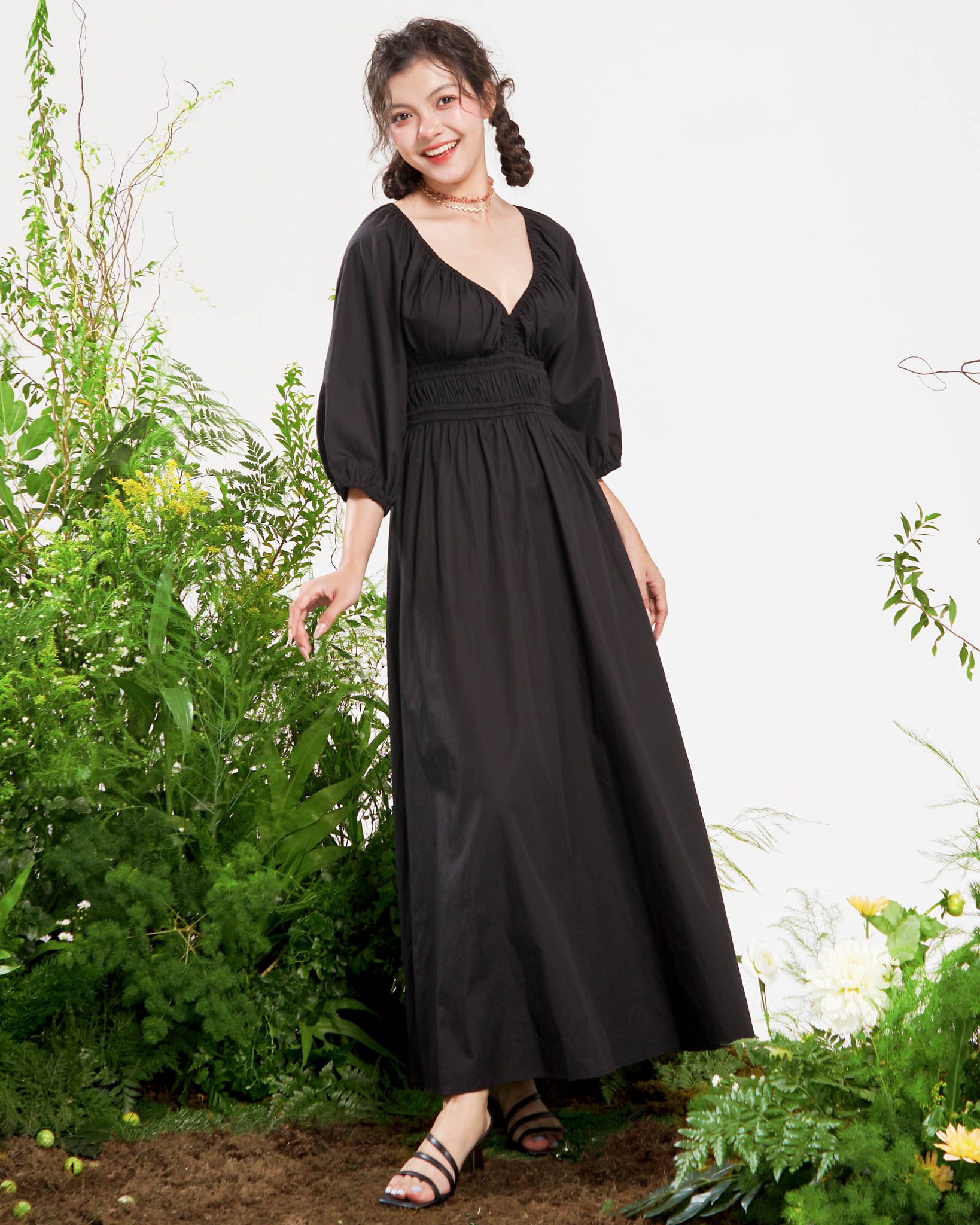 DOTTIE - Đầm midi vải poplin nhún eo - Đen - D0515